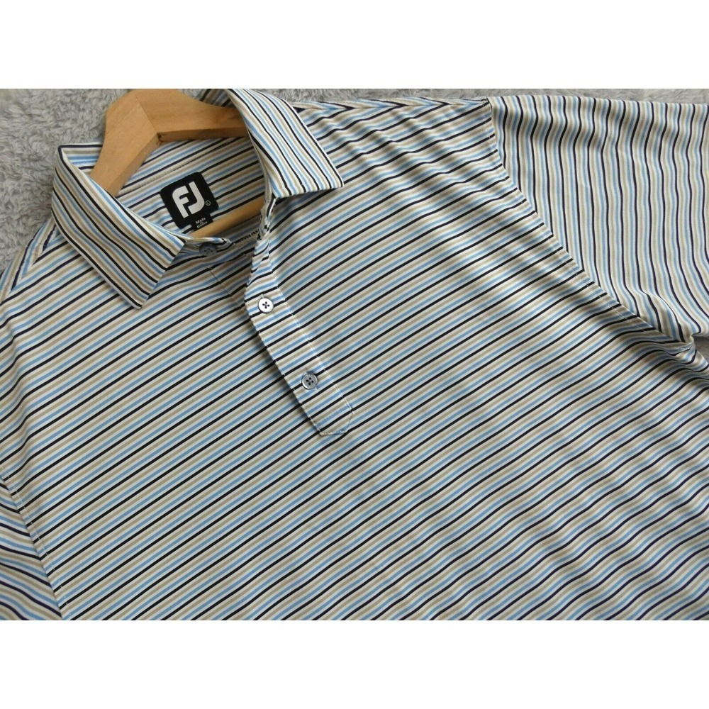 FootJoy Mens ProDry Golf Polo Shirt Large Blue Tan Striped Short Sleeve FJ
